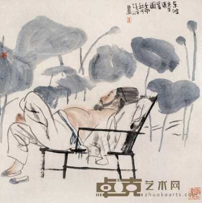 张培成 壬申（1992年）作 消暑图 片 67×67cm